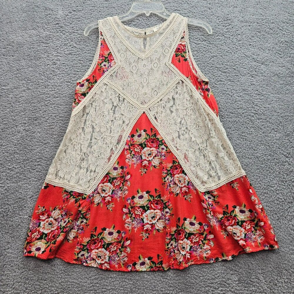 Umgee womens Floral Lace Sleeveless Tunic Top size Medium Red Ivory Boho Chic